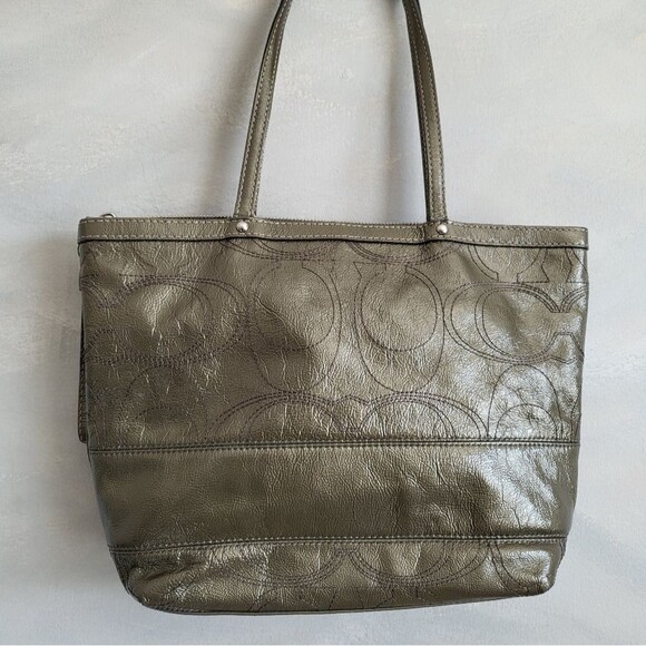 Coach Patent Leather Stitched C Tote Shoulder Bag Purse F15142 13 x 9.5 Green - Picture 16 of 17